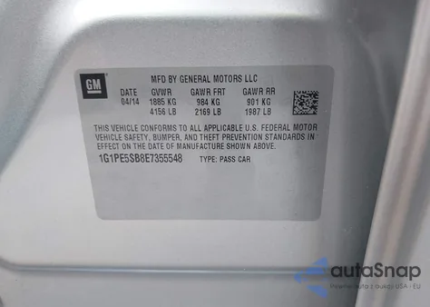 2014 Chevrolet Cruze 2Lt Auto из США, поврежденный, VIN 1G1PE5SB8E7355548